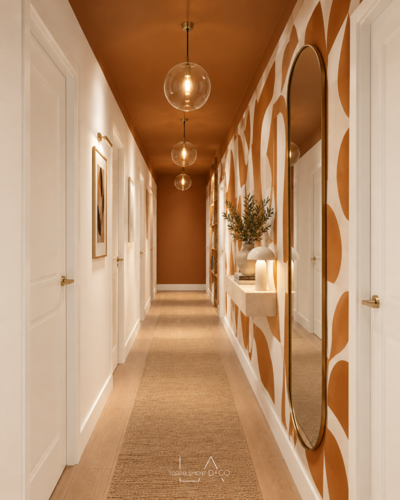 Long couloir avec décor graphique ocre, plafond et mur du fond ocre et miroir pour casser les lignes et atténuer l’effet tunnel