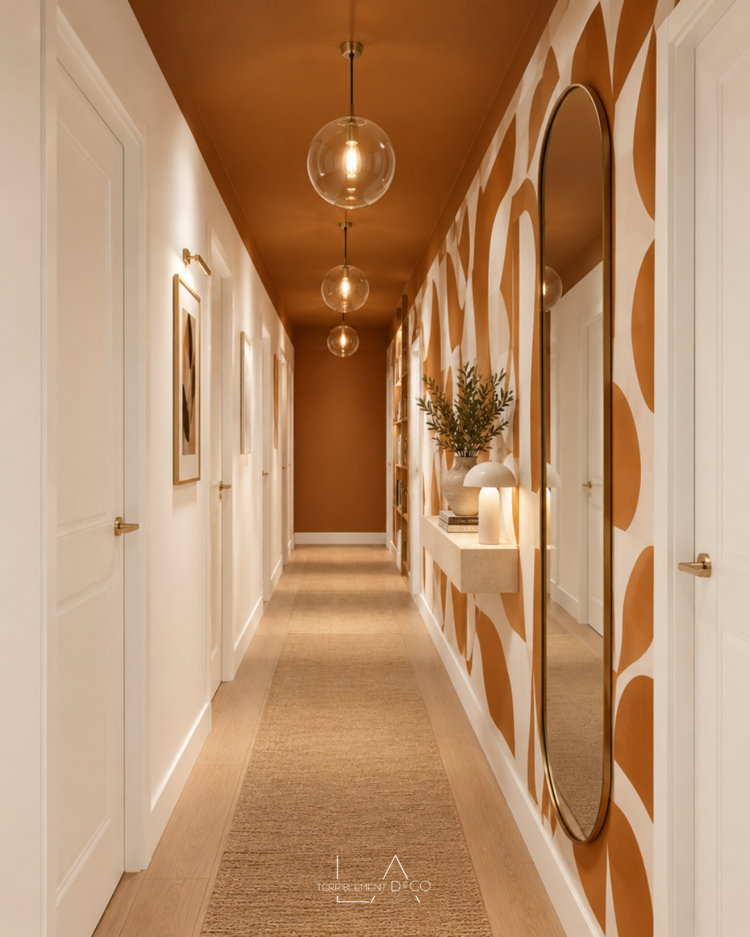 Long couloir avec décor graphique ocre, plafond et mur du fond ocre et miroir pour casser les lignes et atténuer l’effet tunnel