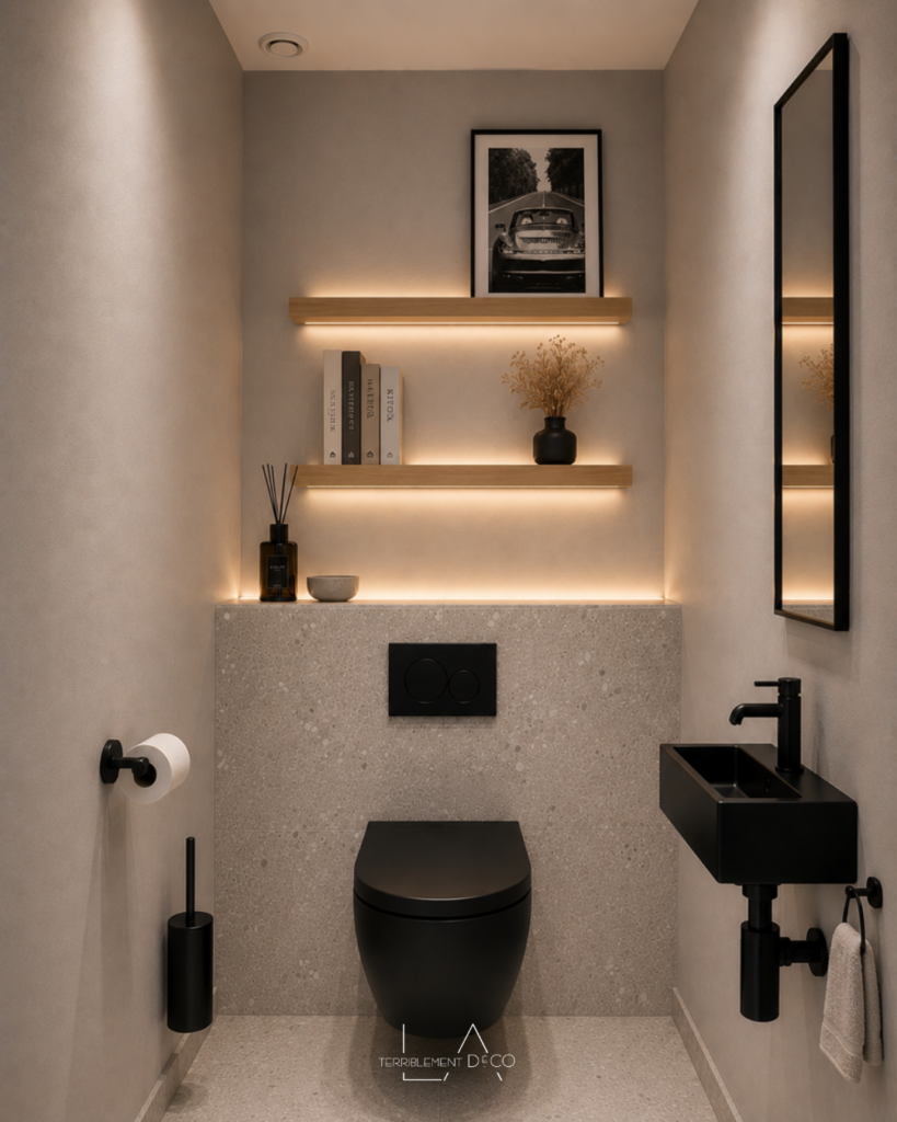 oilettes contemporaines avec carrelage effet terrazzo gris et noir, lave-mains suspendu noir, étagères en bois, robinetterie noire et décoration minimaliste.