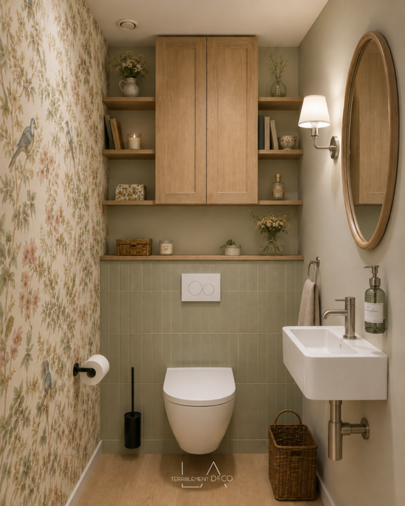 Toilettes esprit cottage anglais avec papier peint floral, soubassement vert sauge, meuble en bois et décoration chaleureuse.