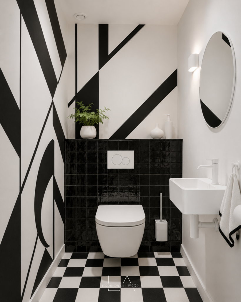 Toilettes contemporaines avec papier peint graphique noir et blanc, carrelage damier, faïence noire brillante et lave-mains suspendu.