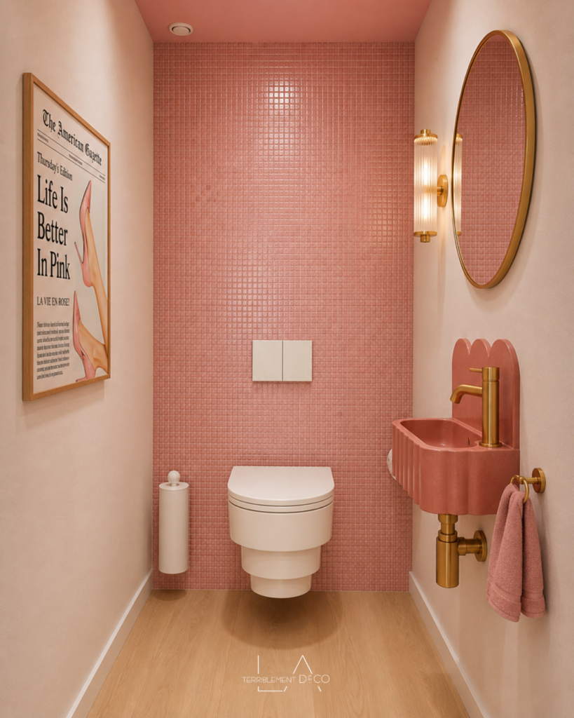 Toilettes contemporaines avec mosaïque rose poudré, cuvette suspendue Trone, lave-mains Béton Par Nature, robinetterie en laiton et décoration élégante.