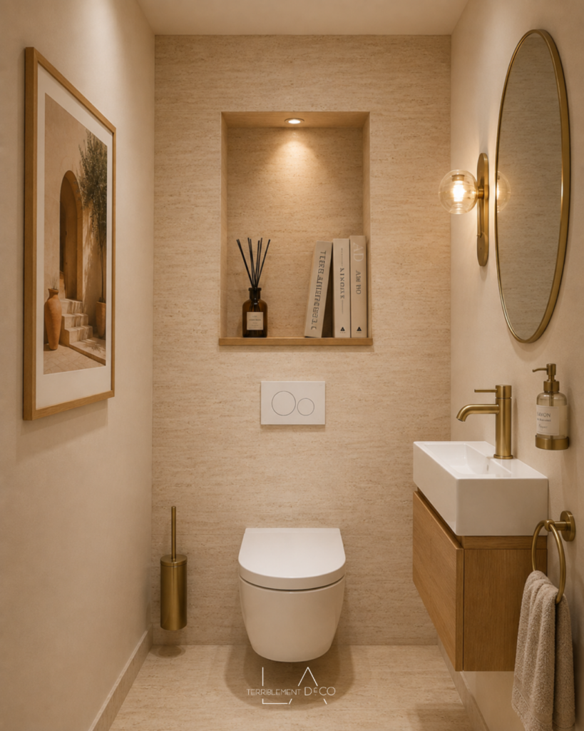 Toilettes contemporaines en travertin avec niche murale rectangulaire, tablette en bois, spot encastré, meuble suspendu en chêne et décoration naturelle.