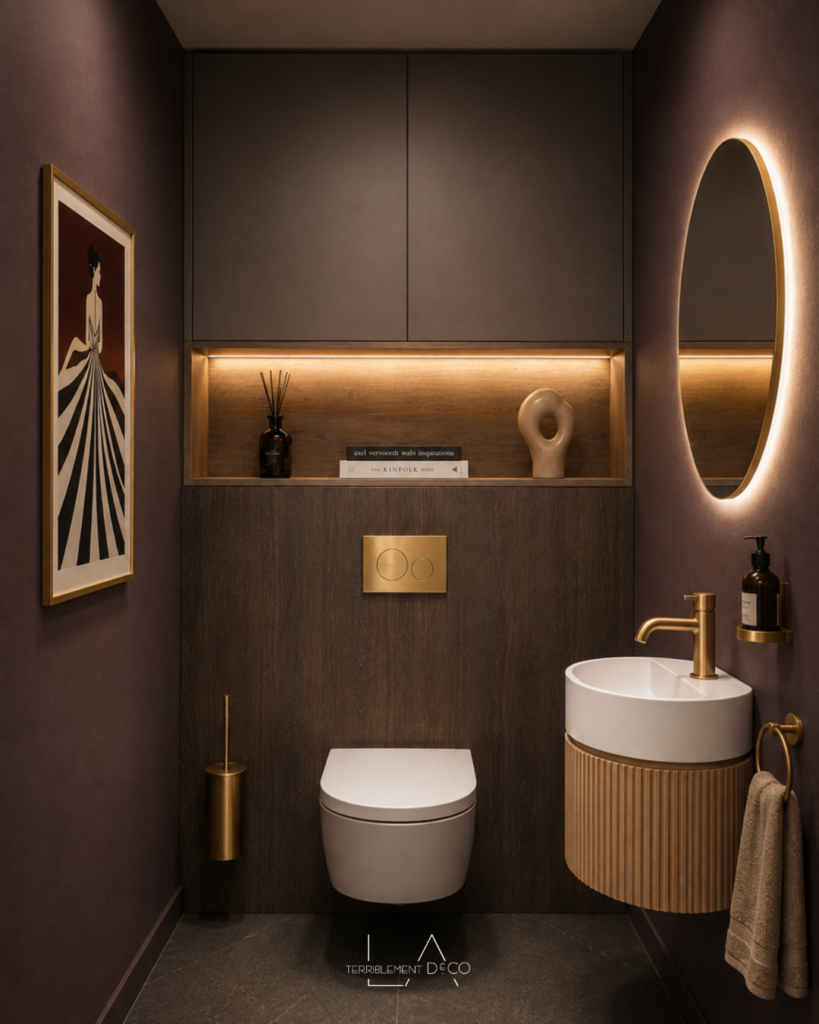 Toilettes contemporaines dans des tons prune et brun, meuble suspendu en bois traité, robinetterie en laiton, affiche graphique et ambiance élégante.