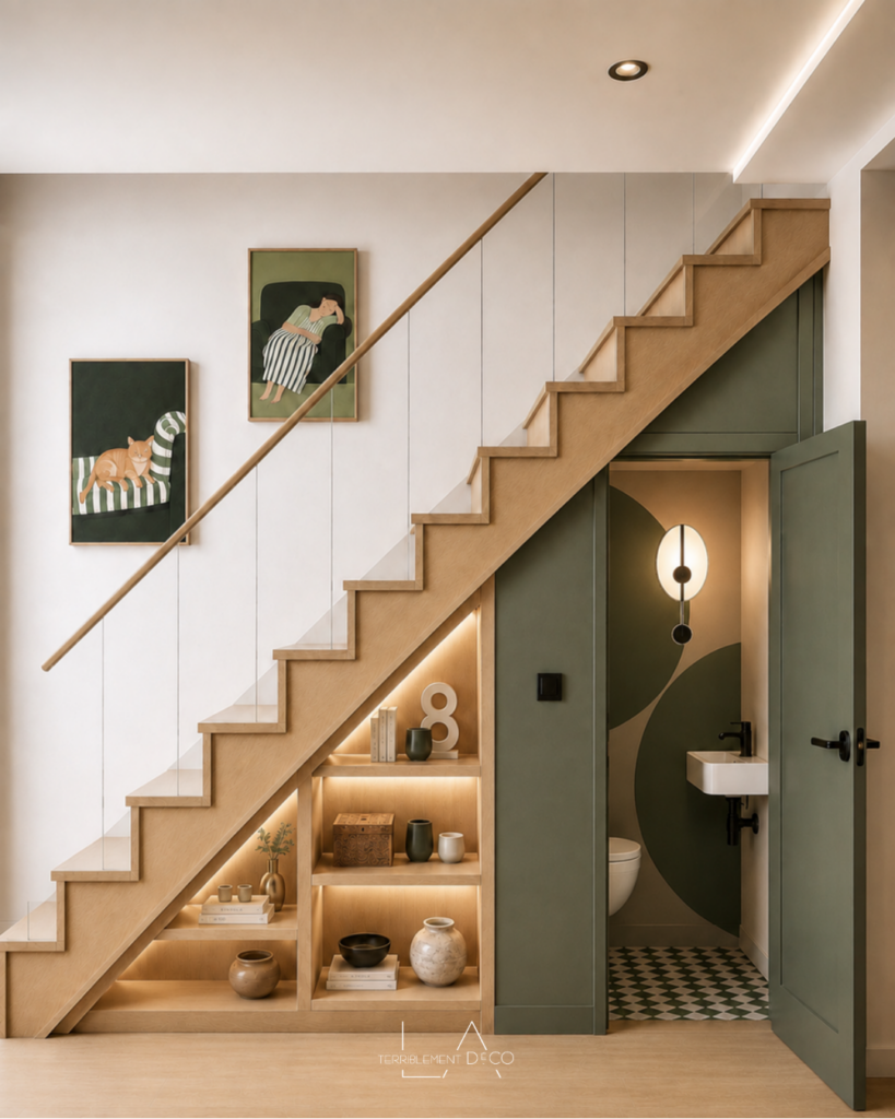 WC contemporain aménagé sous un escalier en bois, avec porte vert foncé, lavabo compact et décoration graphique.