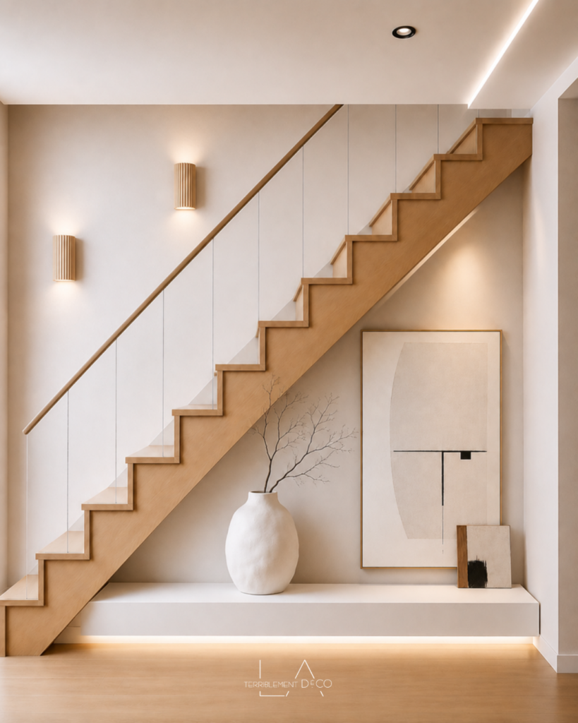 Aménagement épuré d’inspiration japandi sous un escalier en bois clair, avec une épaisse étagère blanche, un grand vase et une œuvre abstraite.