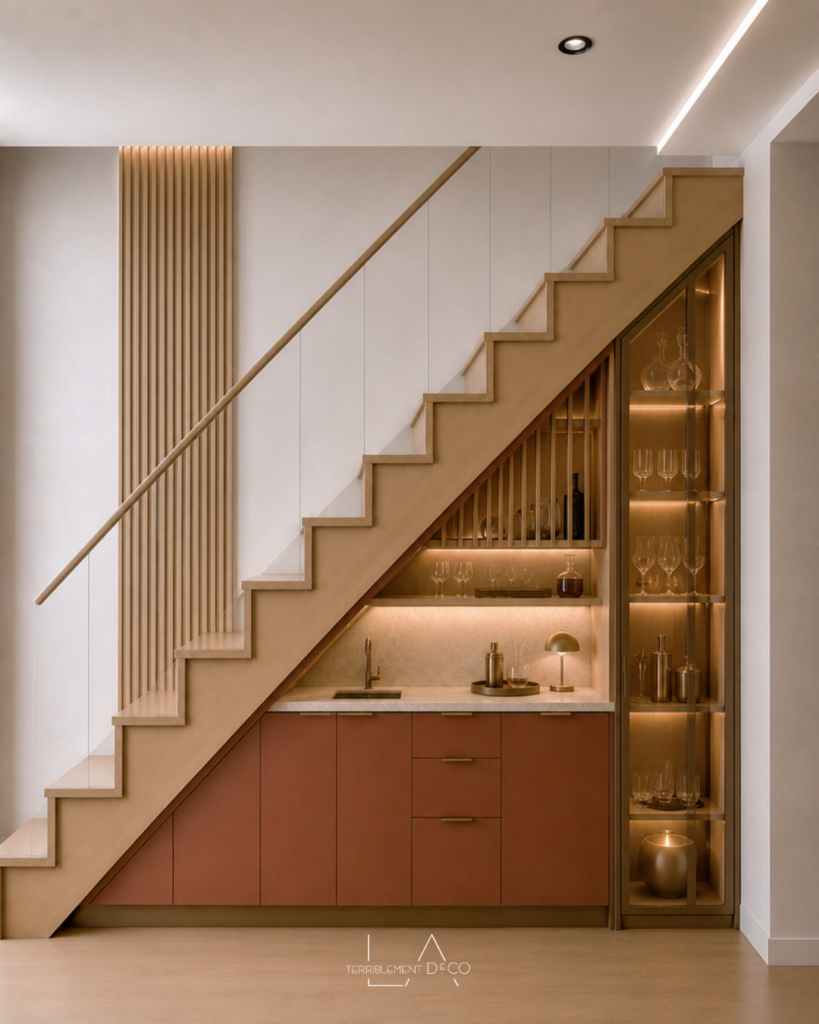 Espace bar sur mesure aménagé sous un escalier, avec plan de travail sombre, étagères éclairées, bouteilles et verres exposés devant un miroir.