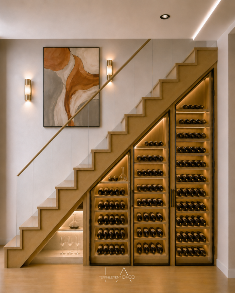 Grande cave à vin aménagée dans l'espace sous l'escalier, avec plusieurs rangements éclairés accueillant une importante collection de bouteilles.