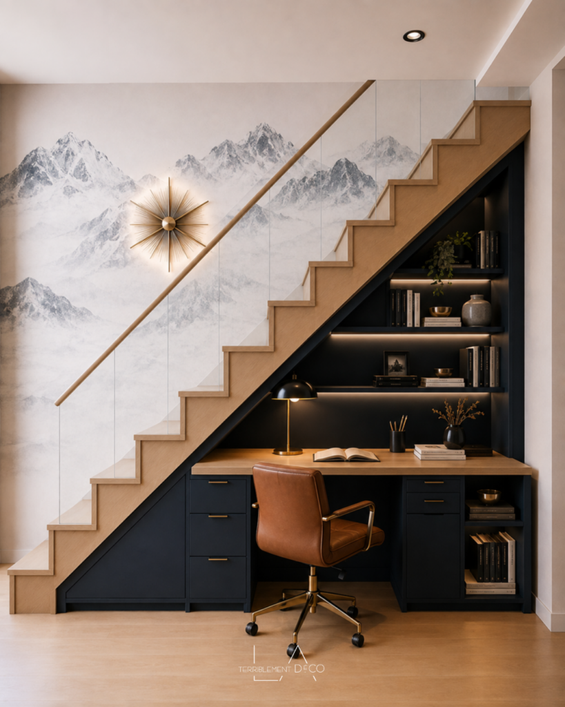 Bureau complet aménagé dans un espace sous escalier, avec grand plan de travail, rangements intégrés et fauteuil de bureau.
