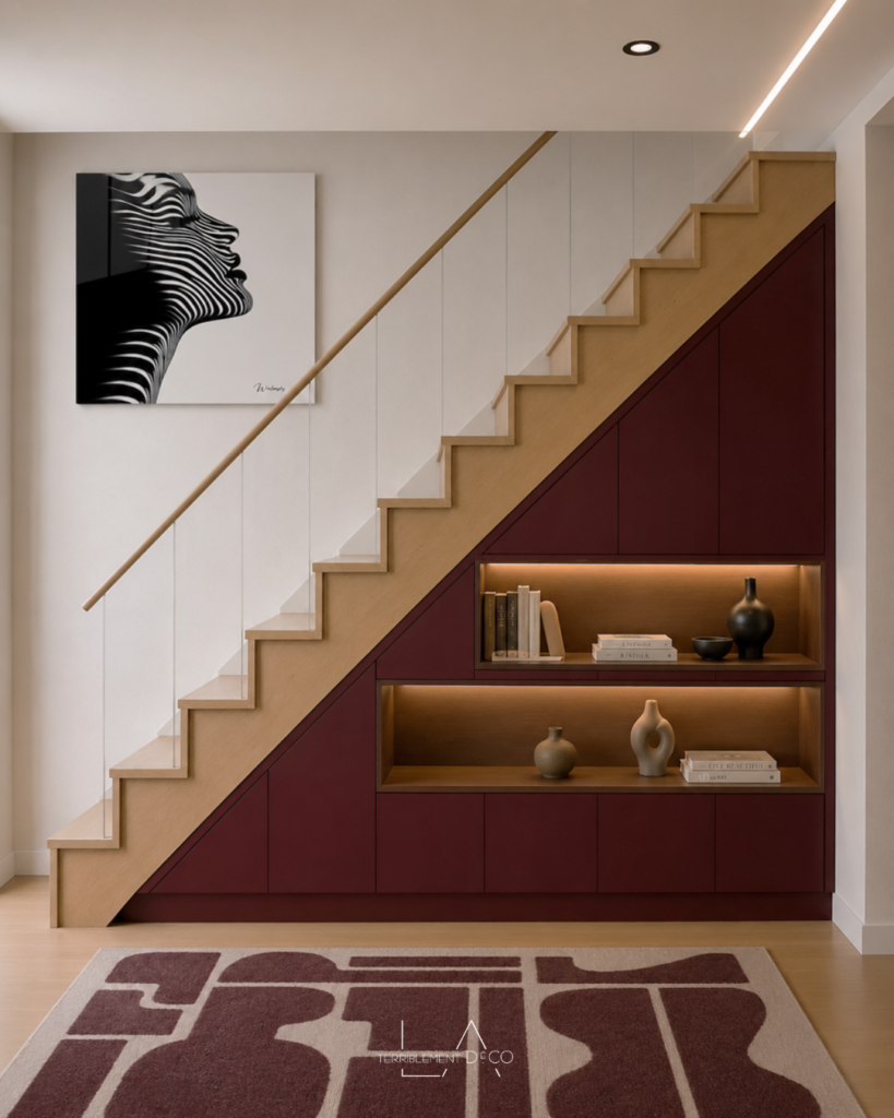 Grand meuble de rangement bordeaux intégré sous un escalier en bois, avec niches ouvertes éclairées et rangements fermés.