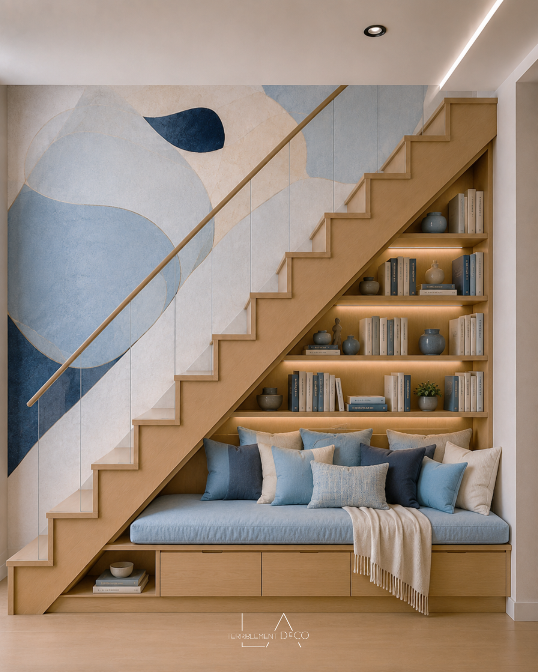 Banquette bleue avec coussins, rangements intégrés et bibliothèque éclairée aménagée sous un escalier en bois.
