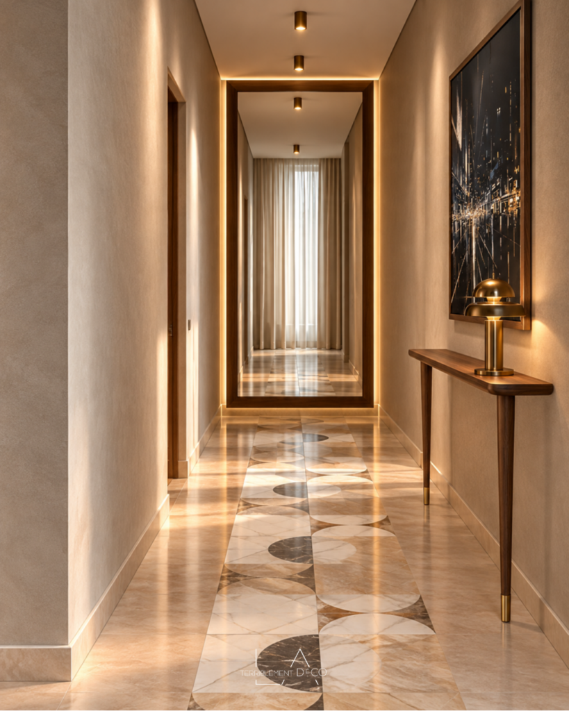 Couloir lumineux avec sol en marbre à motifs géométriques, grand miroir sur le mur du fond et console contemporaine en bois, un design de Laurence ARNAUD