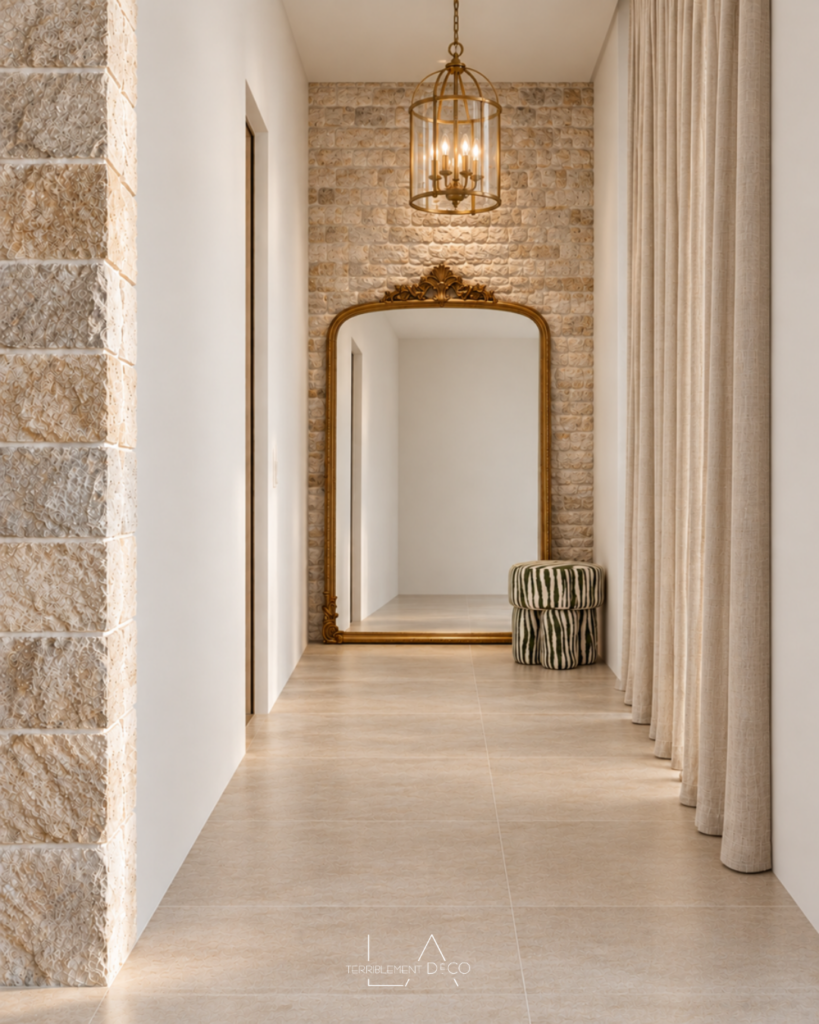 Fond de couloir avec parement en pierre naturelle, grand miroir ancien doré, rideaux en lin beige et suspension décorative, un design de Laurence ARNAUD
