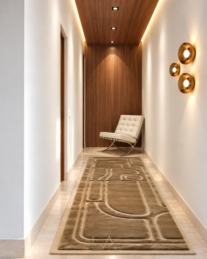 Long couloir avec habillage en bois foncé sur le plafond et le mur du fond, fauteuil contemporain clair et tapis graphique, un design de Laurence ARNAUD
