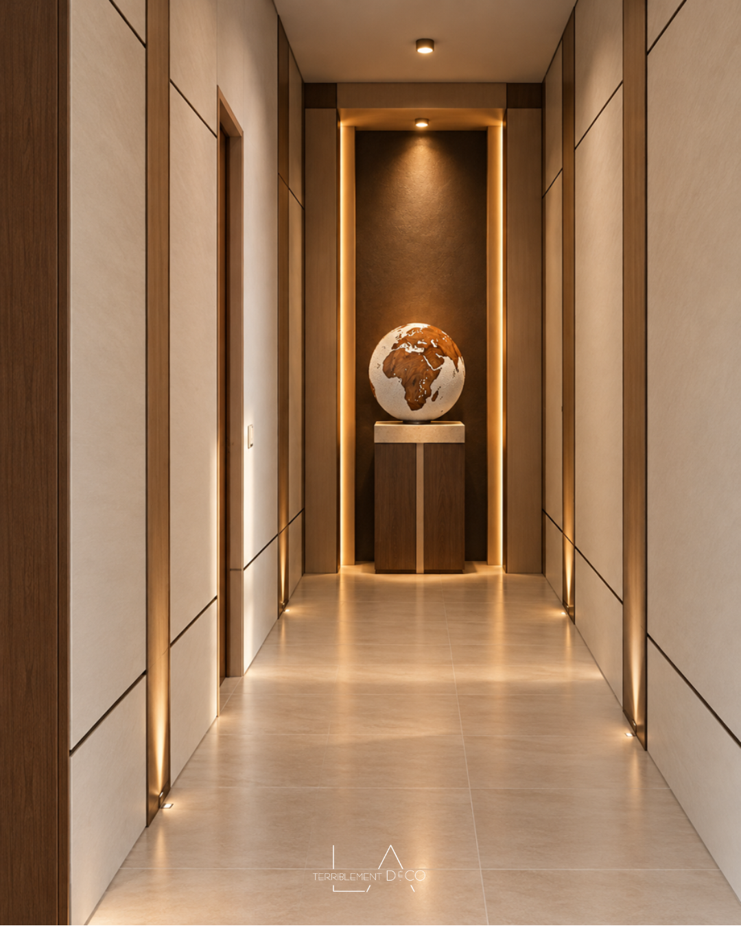 Couloir contemporain aux tons beiges avec habillage mural architectural, niche éclairée au fond et sculpture sphérique sur socle, un design de Laurence ARNAUD