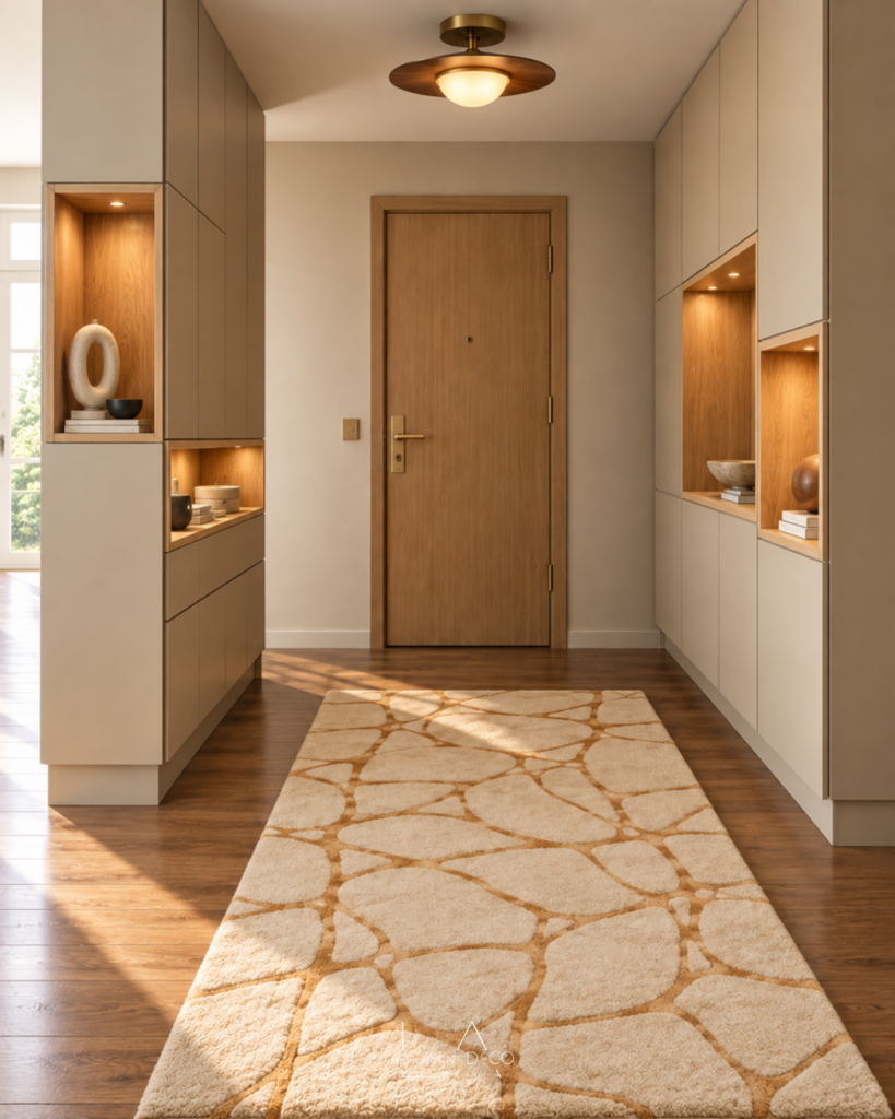 Entrée ouverte avec grands placards beiges sur mesure, niches décoratives éclairées, porte d'entrée en bois et tapis clair à motifs organiques, un design de Laurence ARNAUD