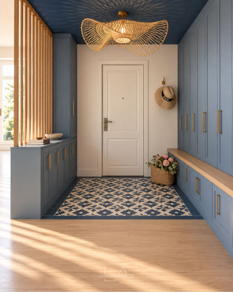 Entrée ouverte avec claustra en bois, meuble bas séparateur, rangements bleu grisé, banquette intégrée et sol en carreaux de ciment bleus, un design de Laurence ARNAUD