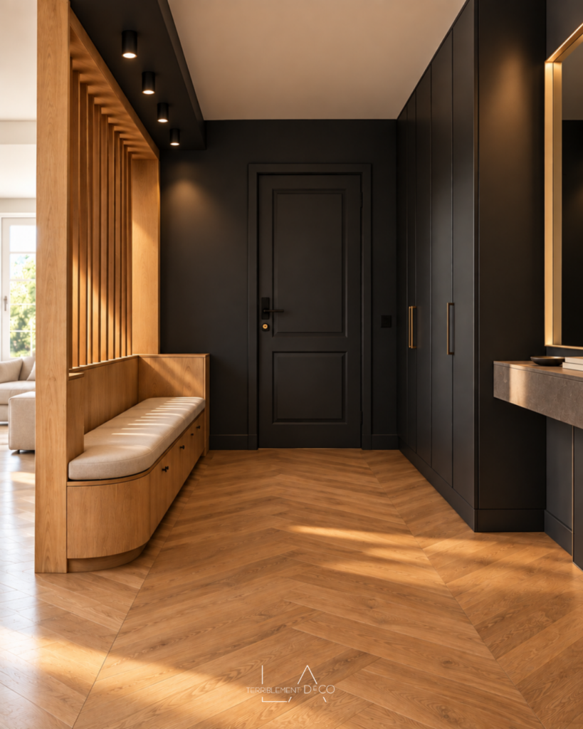 Entrée contemporaine noire et bois avec claustra vertical, banquette enveloppante intégrée, rangements toute hauteur et parquet en point de Hongrie, un design de Laurence ARNAUD