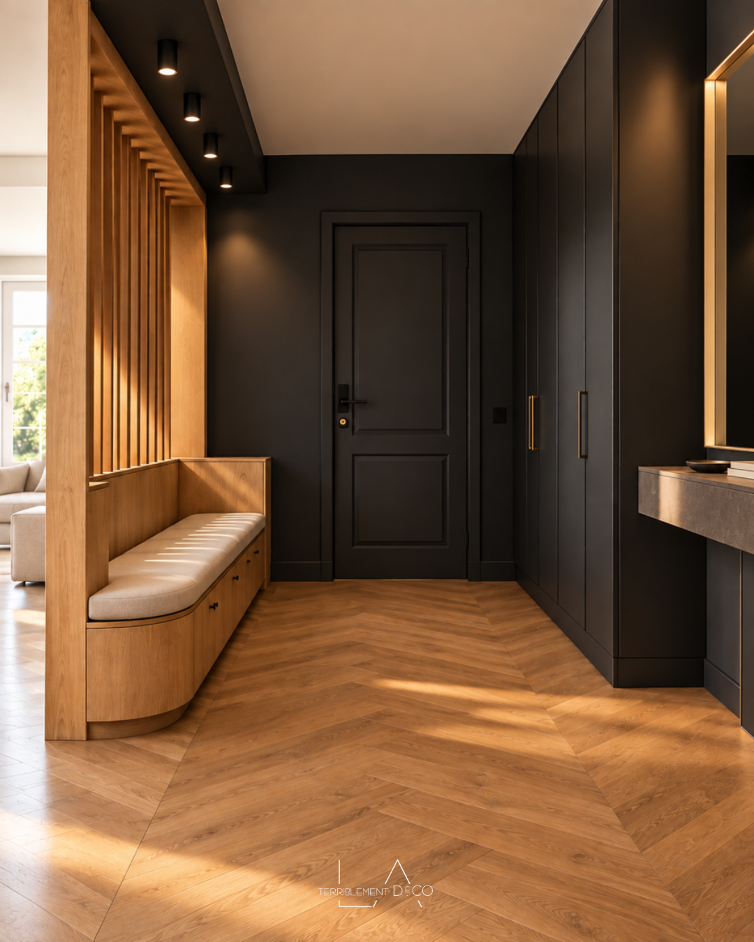 Entrée contemporaine noire et bois avec claustra vertical, banquette enveloppante intégrée, rangements toute hauteur et parquet en point de Hongrie, un design de Laurence ARNAUD