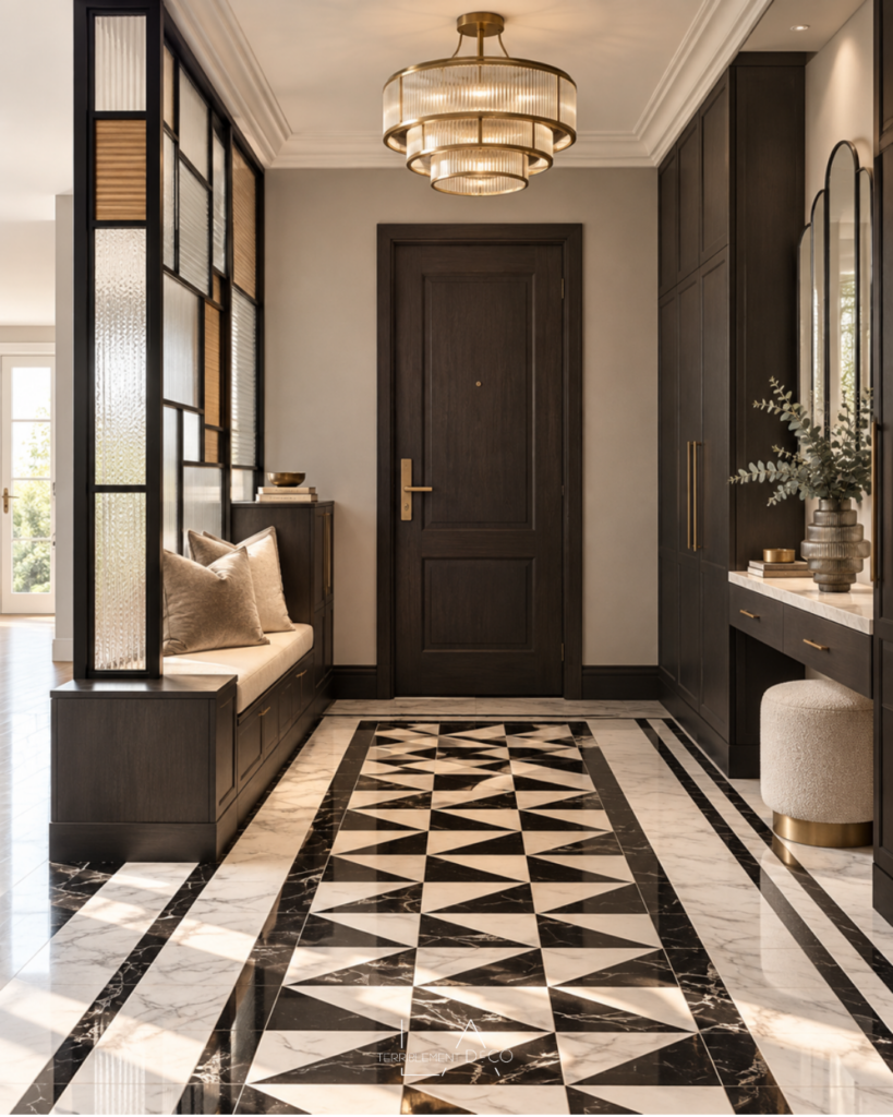 Entrée ouverte d'inspiration Art déco avec verrière noire géométrique, sol en marbre noir et blanc à motifs graphiques, banquette intégrée, rangements foncés, moulures et suspension dorée, un design de Laurence ARNAUD