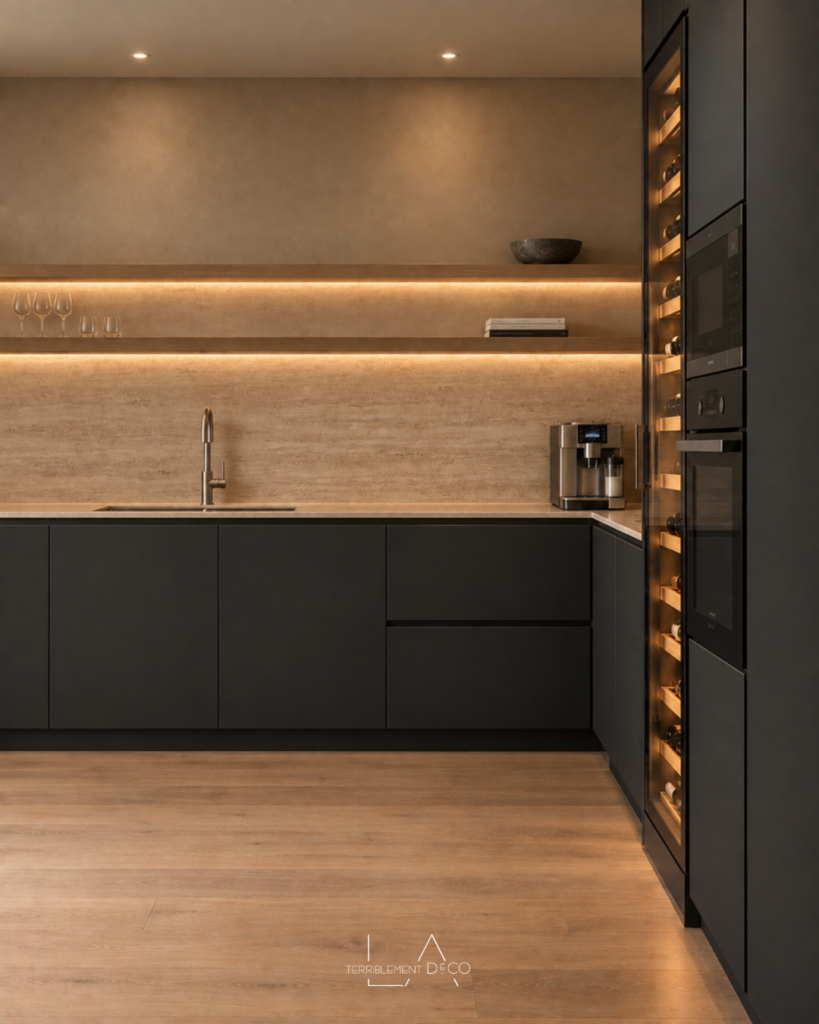 Cuisine contemporaine avec meubles noirs mats, crédence minérale beige, étagère éclairée, colonne d'électroménager et parquet en bois naturel, un design de Laurence ARNAUD